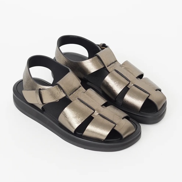 The Row Shoes - The Row Fisherman Bronze Gold Strappy Woven Leather Sandals